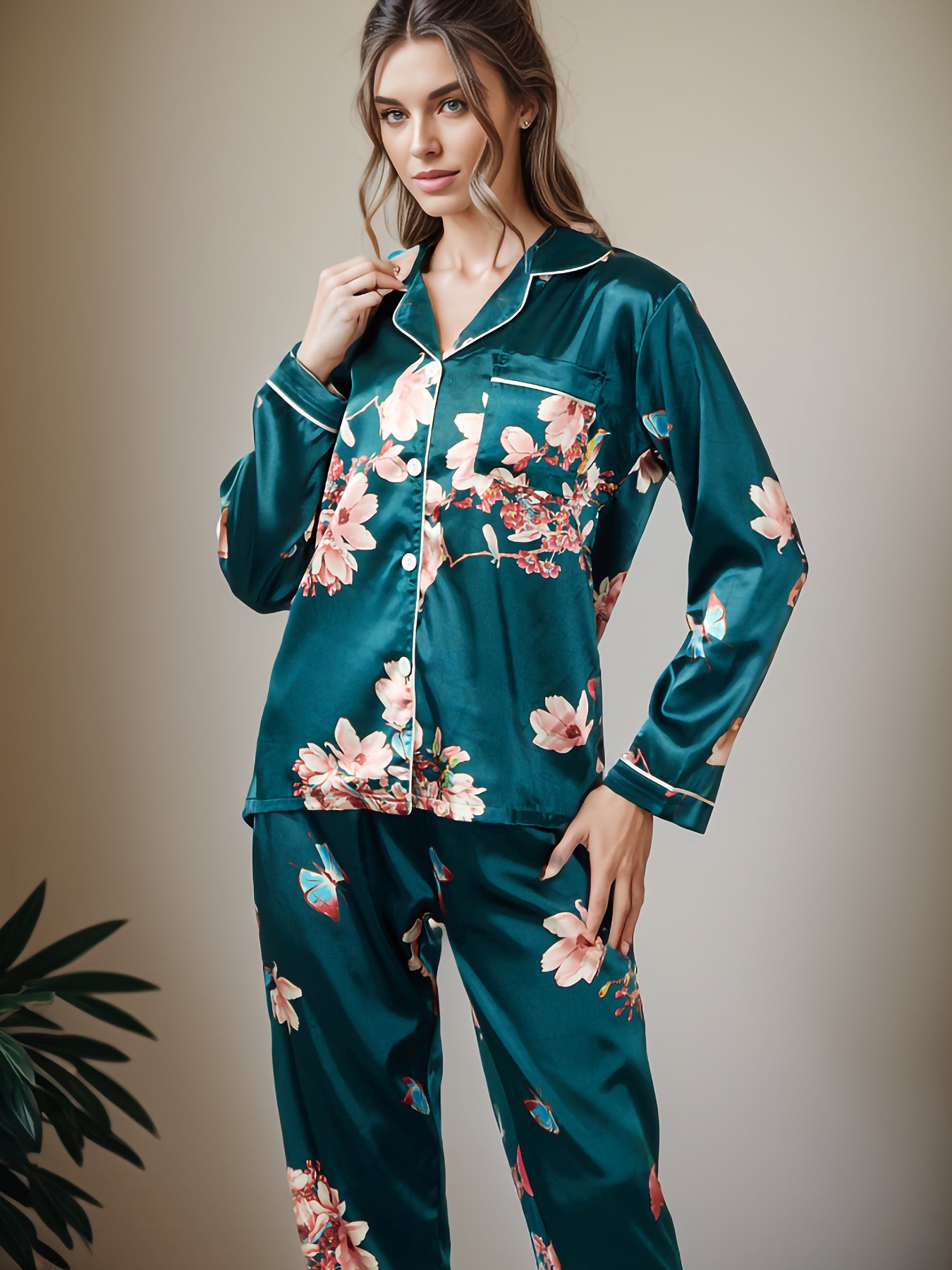 Floral Print Satin Pajama Set, Long Sleeve Button Up Lapel Top & Elastic Waistband Pants, Women's Sleepwear & Loungewear