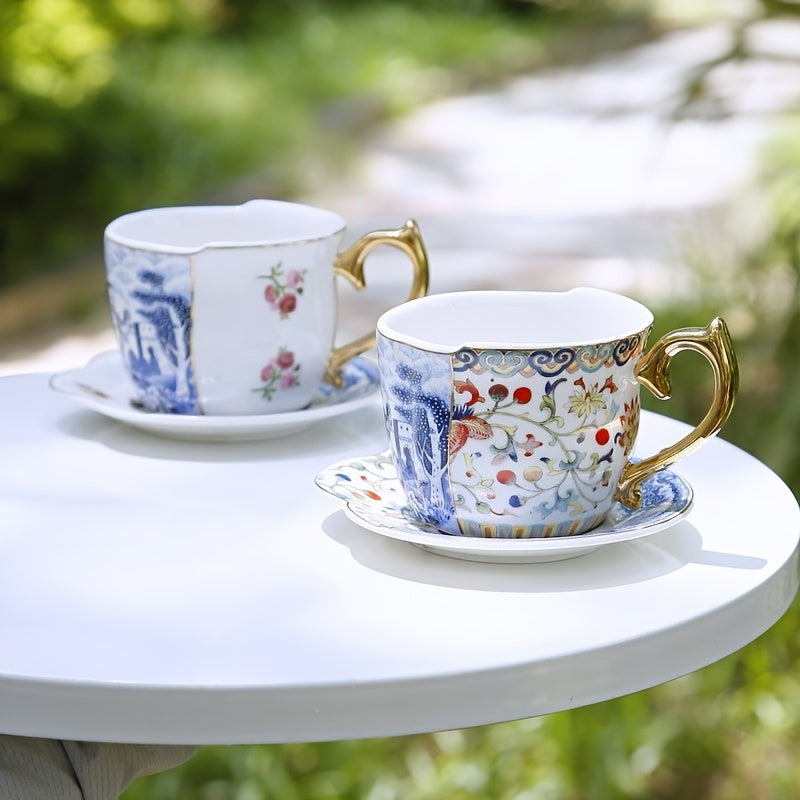 Set, Creative Vintage Painting Teacup And Saucer, Ceramic Coffee Cup And Saucer Plate, European Style Drinking Cups For Breakfast, Tea Party, Afternoon Tea, Home, Garden, Restaurant And More, Summer Winter Drinkware