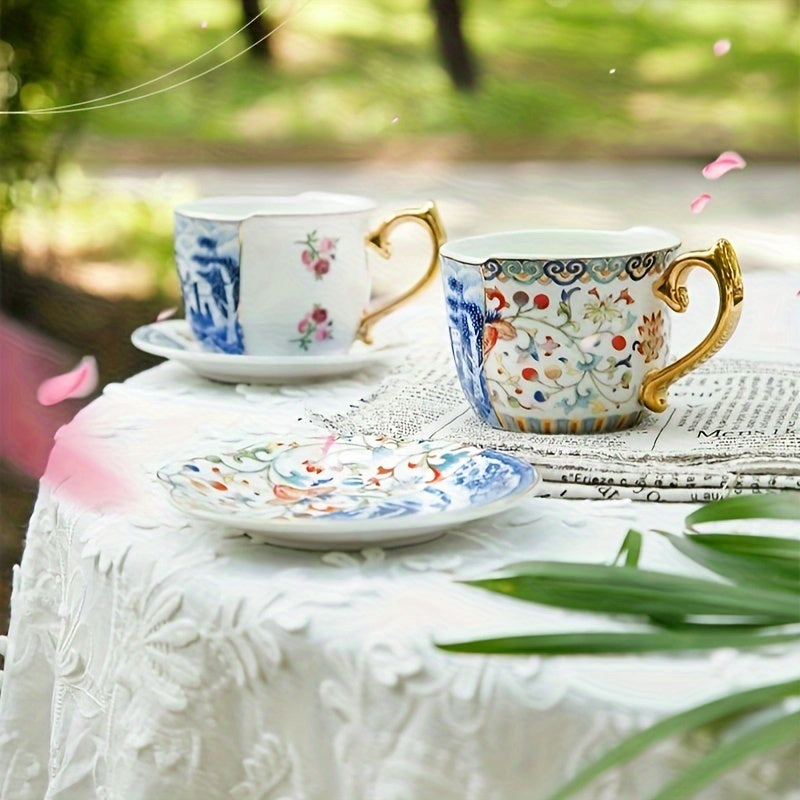 Set, Creative Vintage Painting Teacup And Saucer, Ceramic Coffee Cup And Saucer Plate, European Style Drinking Cups For Breakfast, Tea Party, Afternoon Tea, Home, Garden, Restaurant And More, Summer Winter Drinkware