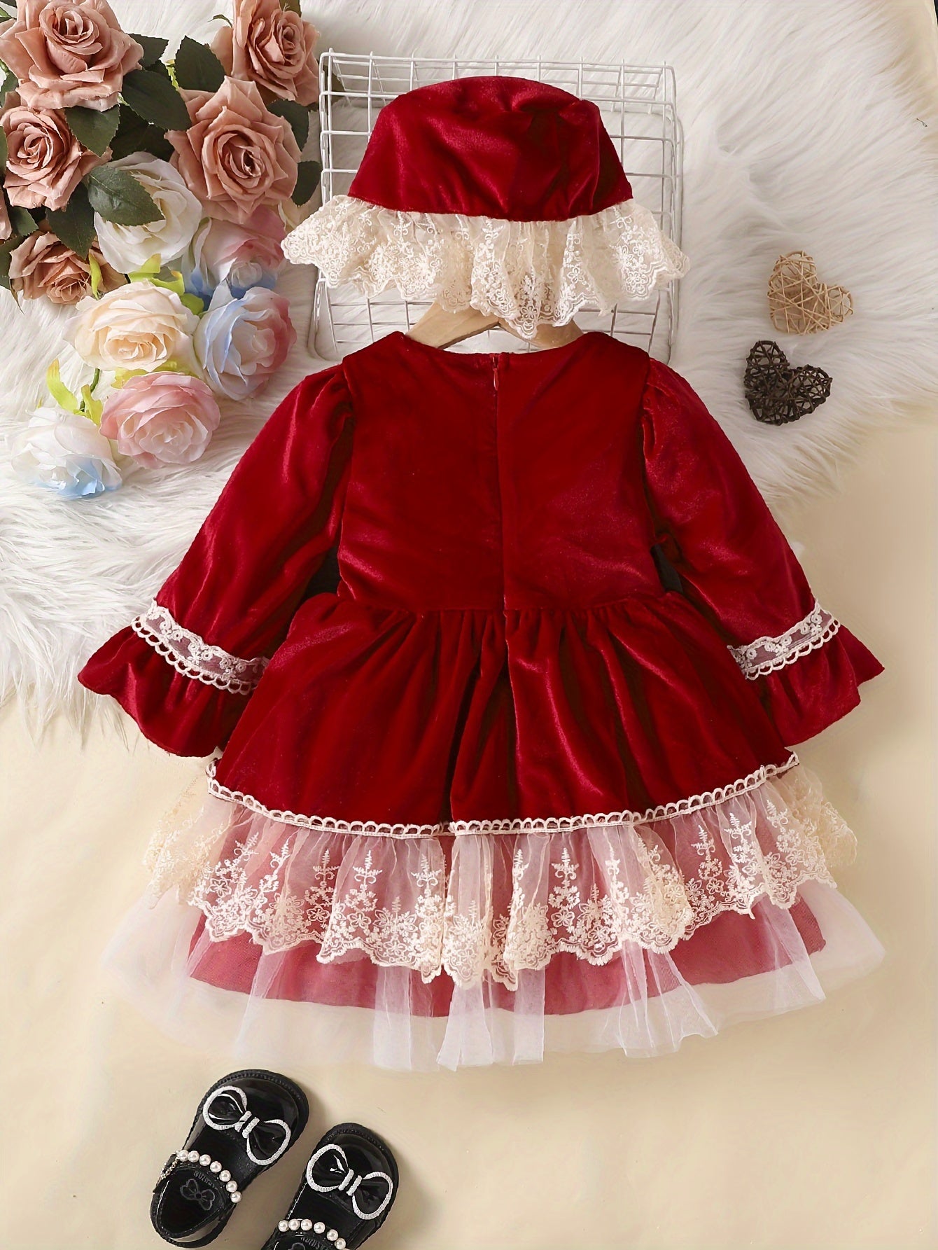 Baby Girls Ruffle Lace Flared Long Sleeve Casual Sweet & Cute Dress + Hat Two-piece Set