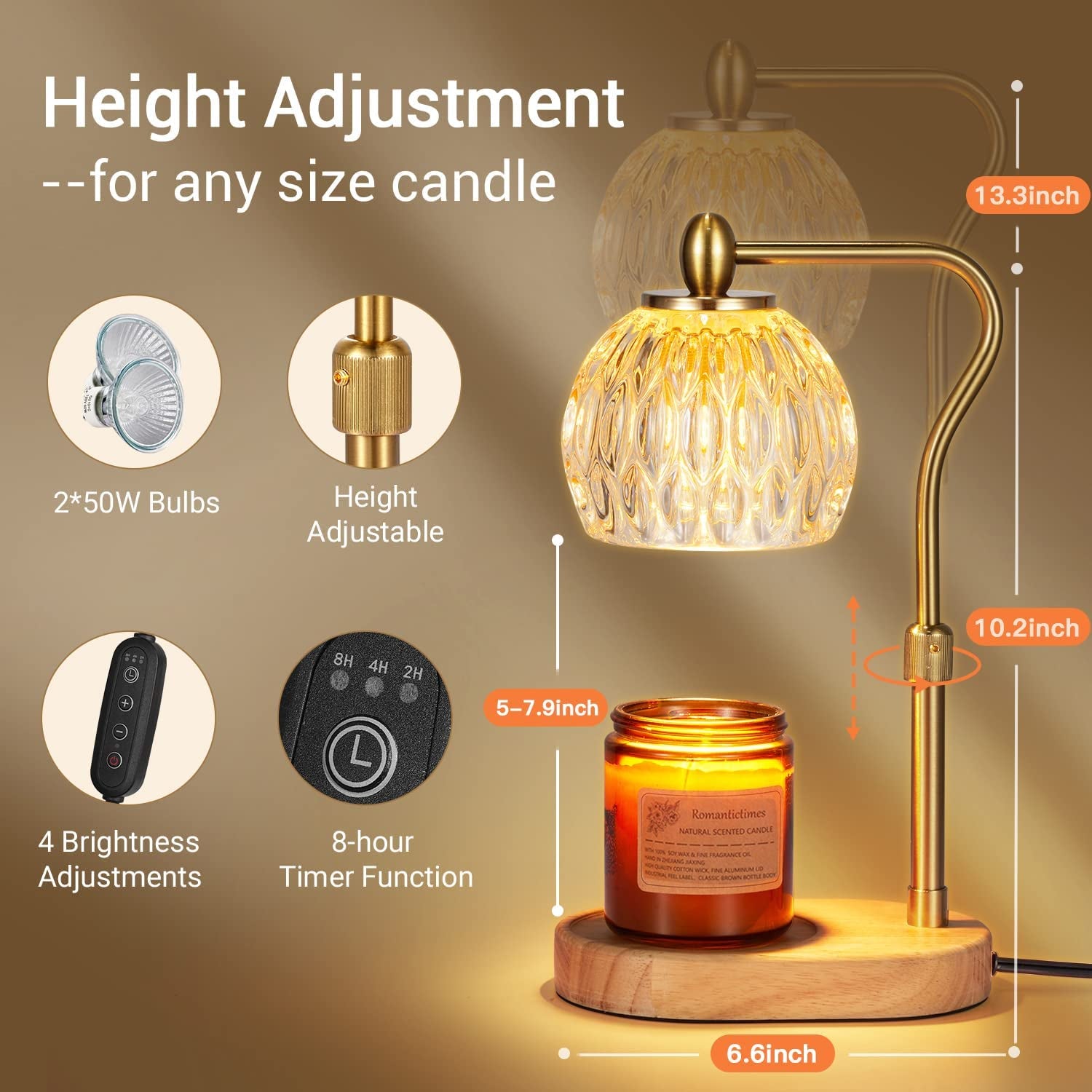 Candle Warmer, Candle Warmer Lamp with Timer & Dimmer Candle Warmer Height Adjustable Scented Candles, Candle Warmer with 2 * 50W Bulbs for Home Decor (Gold)