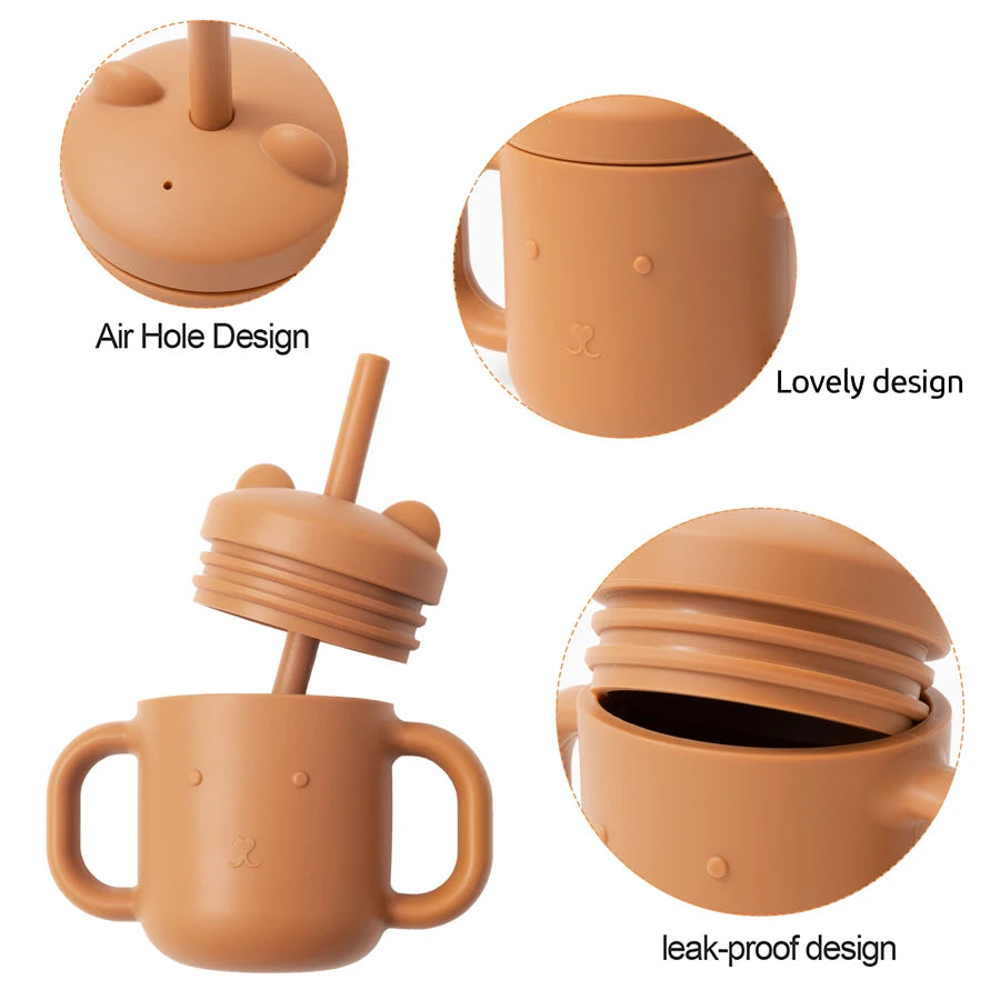 BPA Free Safe Baby Cup Drinking Training Cartoon Shape Cup Baby Silicone Sippy Cups with Straw for Toddler Baby Items