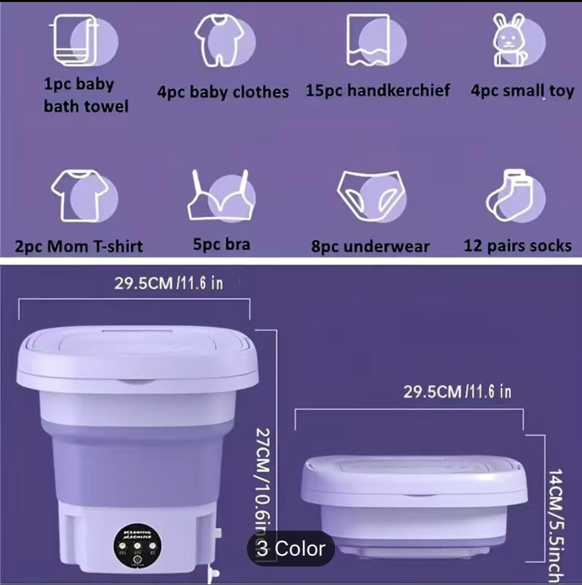 Portable 8L Washing Machine for Small Loads, Foldable Design, Soft Spin Dry, Perfect for Underwear, Socks, Baby Clothes and Delicate Items Ideal for Travel and Camping (PURPLE)