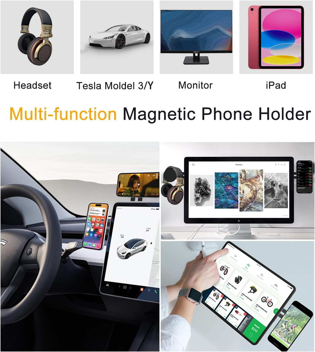 Dual Screen Magnetic Phone Holder for Laptop - Adjustable Slim Phone Mount for Monitor'S Top and Side - Computer Extension Bracket for Tesla, Magsafe Iphone 15/14/13/12