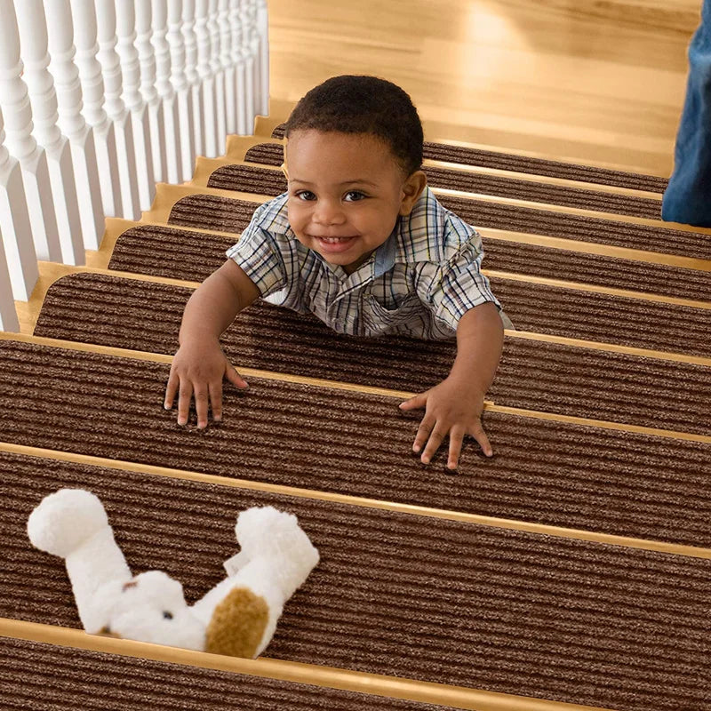 Self Adhesive Stair Tread Carpet Mats Solid Striped Anti-Skid Step Floor Carpet Washable Non-Slip Stair Protector Carpet for Kid