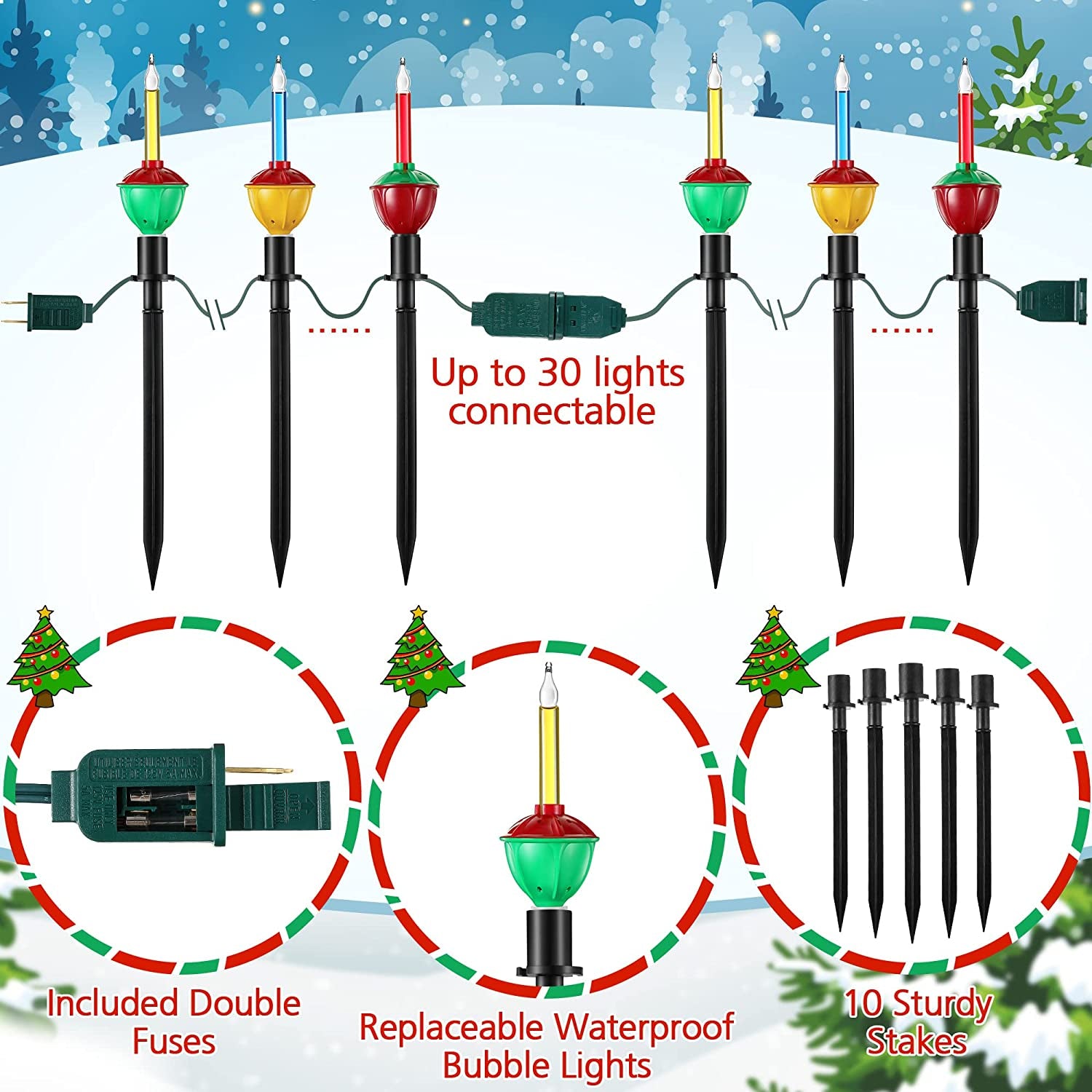 18 Feet Christmas Pathway Lights, 10 Bubble Lights Bulbs Plug in Walkway Lights, Connectable Waterproof Path Lights for Outdoor Yard Holiday Sidewalk Driveway Xmas Decoration