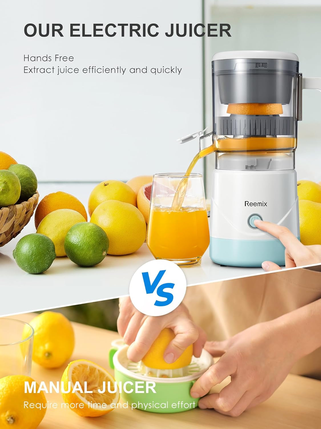 Electric Citrus Juicer,  Full-Automatic Orange Juicer Squeezer for Orange, Lemon, Grapefruit, Citrus Juicer with Cleaning Brush, Easy to Clean and Use (White)