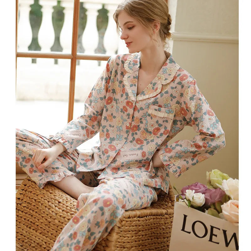 2022 Cotton Pajamas Women'S Autumn Clothes Cardigan Two-Piece Set Long Sleeve Pijamas Sets Home Wear Pijamas De Mujer