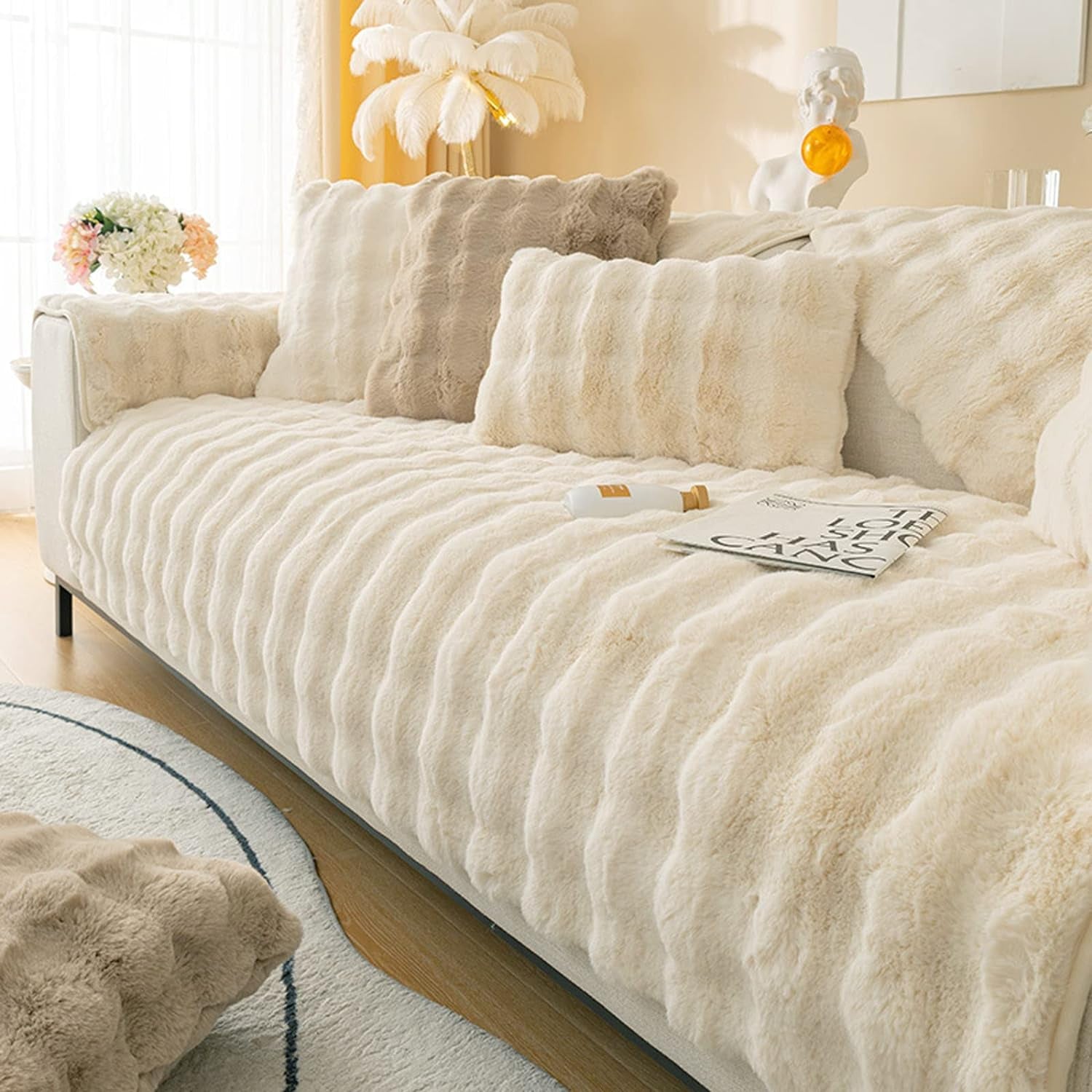 Thick Plush Faux Rabbit Fur Sofa Slipcovers 1-Piece Non-Slip Warm Soft Cozy Couch Covers Furniture Protector(Beige, Sofa Cushion 70 * 120Cm)