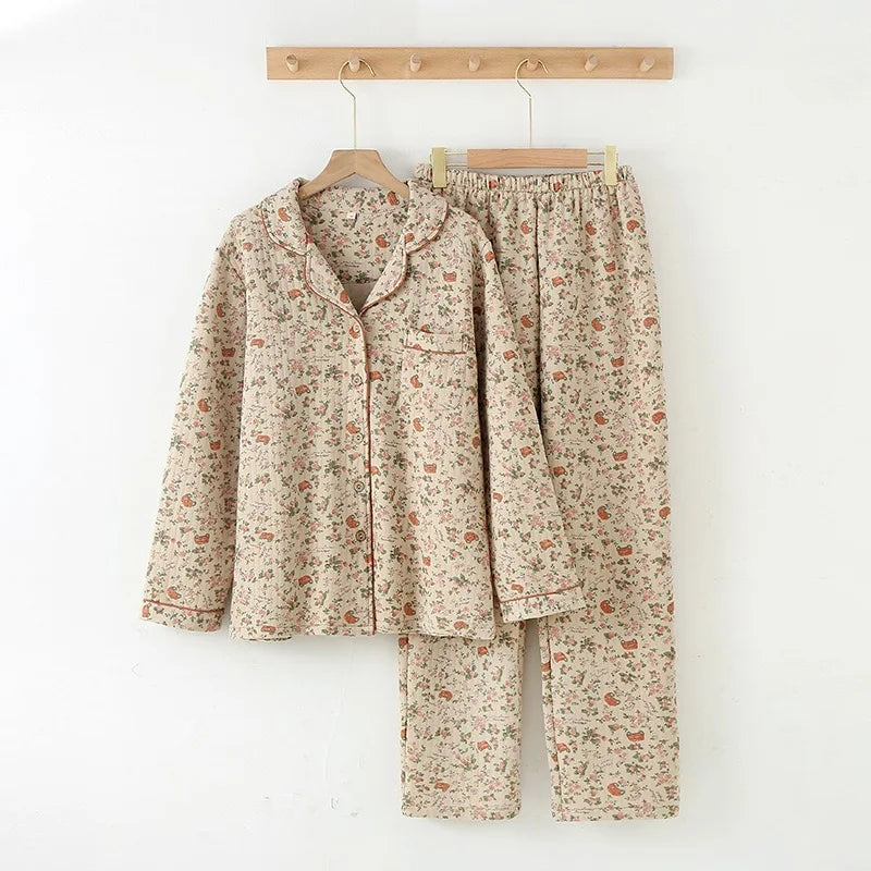 2023 New Women'S Pajamas Suit Thick Warm Cardigan Winter Pyjamas Sets Long Sleeve Flower Print Home Clothes Sleepwear