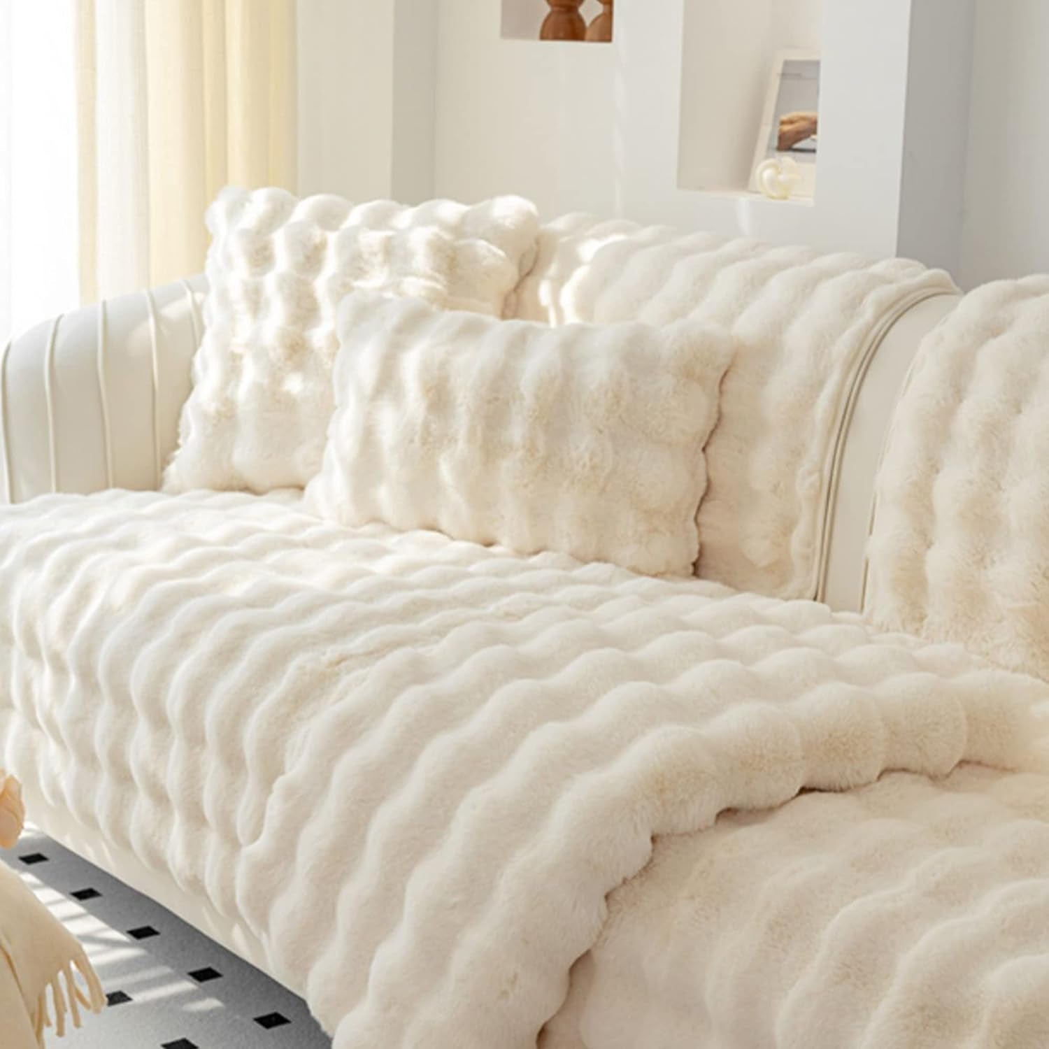 Thick Plush Faux Rabbit Fur Sofa Slipcovers 1-Piece Non-Slip Warm Soft Cozy Couch Covers Furniture Protector(Beige, Sofa Cushion 70 * 120Cm)