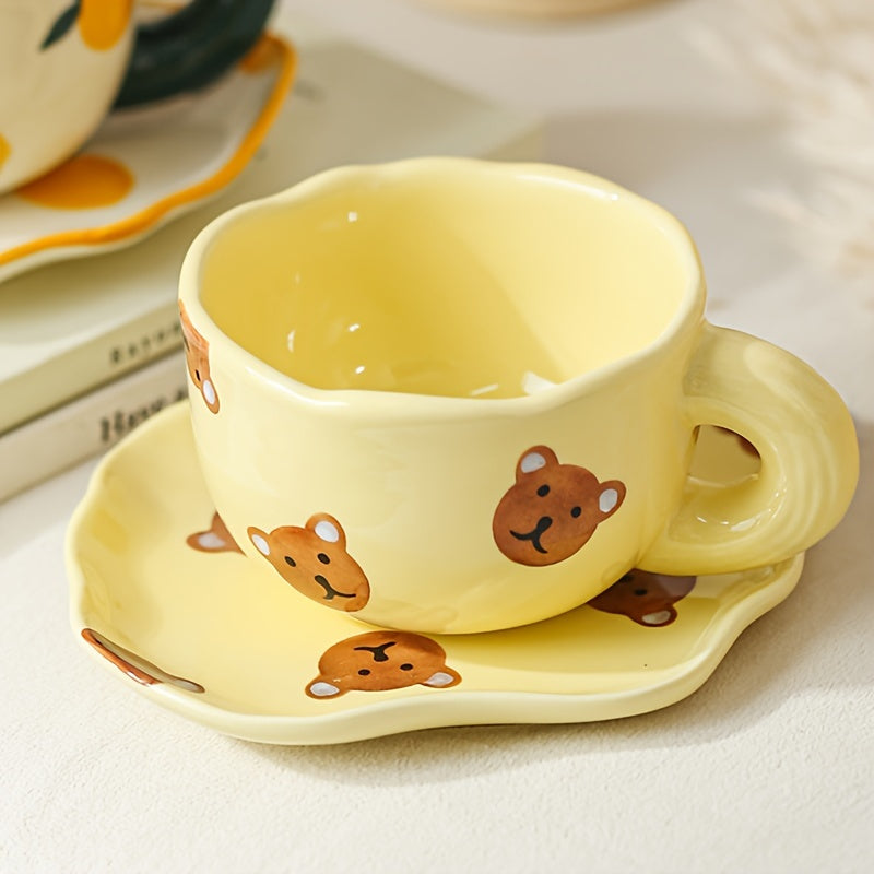 1 Set 6.09oz Little Bear Coffee Cup With Saucer Ceramic Mug Water Cups Tea Cup Summer Winter Drinkware