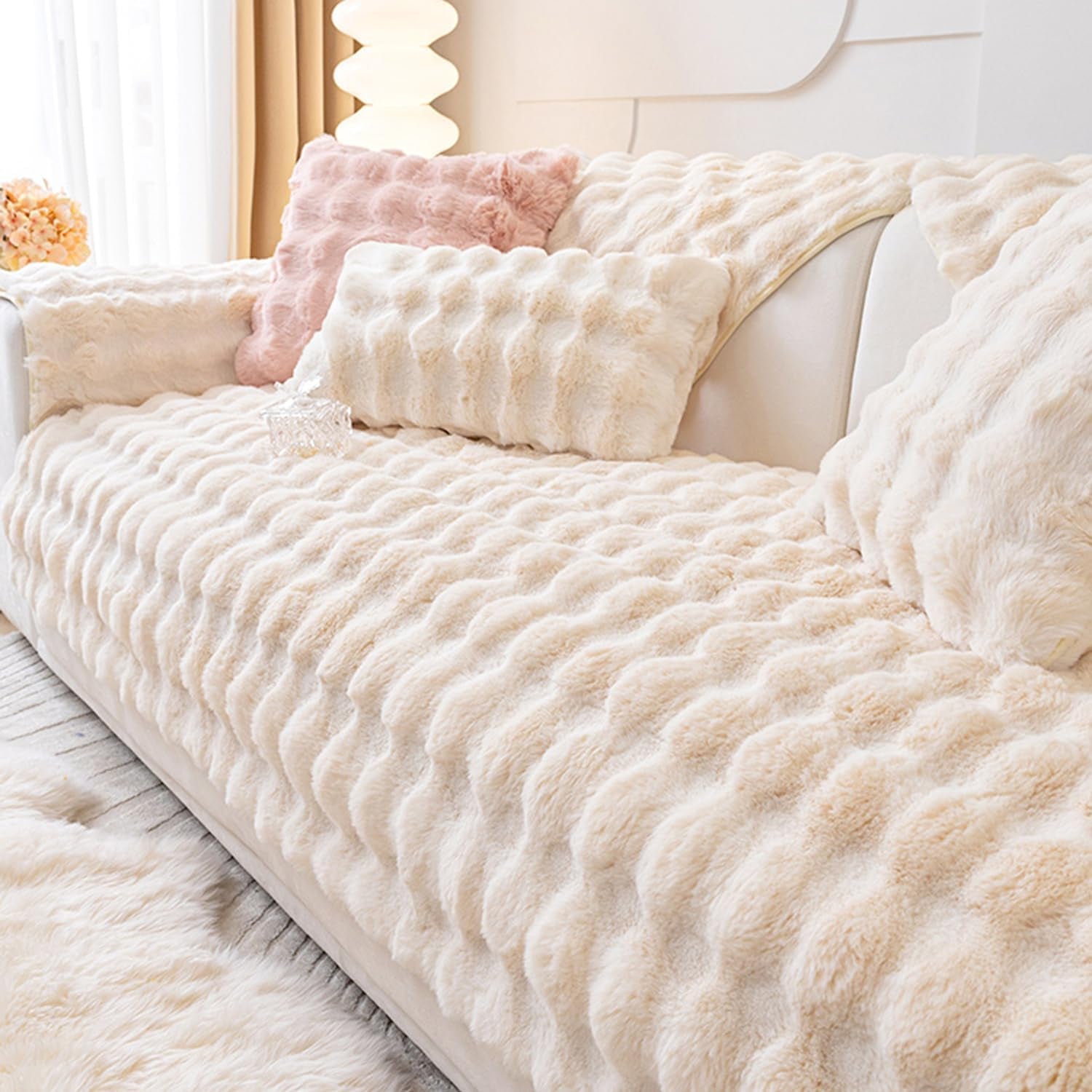 Thick Plush Faux Rabbit Fur Sofa Slipcovers 1-Piece Non-Slip Warm Soft Cozy Couch Covers Furniture Protector(Beige, Sofa Cushion 70 * 120Cm)