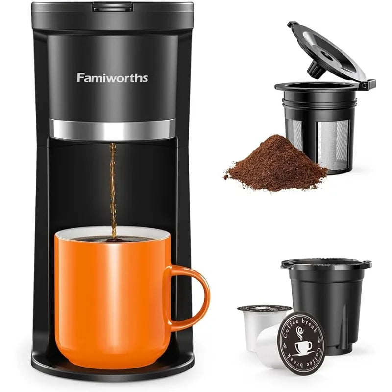 Famiworths Mini Coffee Maker Single Serve, Instant Coffee Maker One Cup for K Cup & Ground Coffee, 6 to 12 Oz Brew Sizes, Black