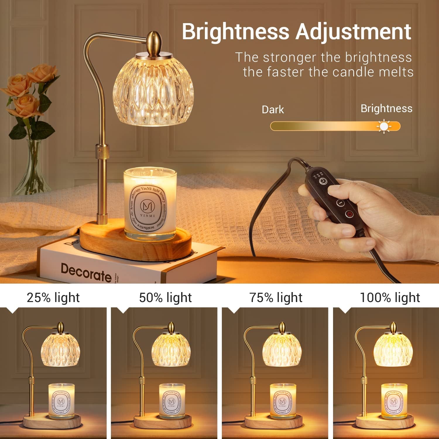 Candle Warmer, Candle Warmer Lamp with Timer & Dimmer Candle Warmer Height Adjustable Scented Candles, Candle Warmer with 2 * 50W Bulbs for Home Decor (Gold)