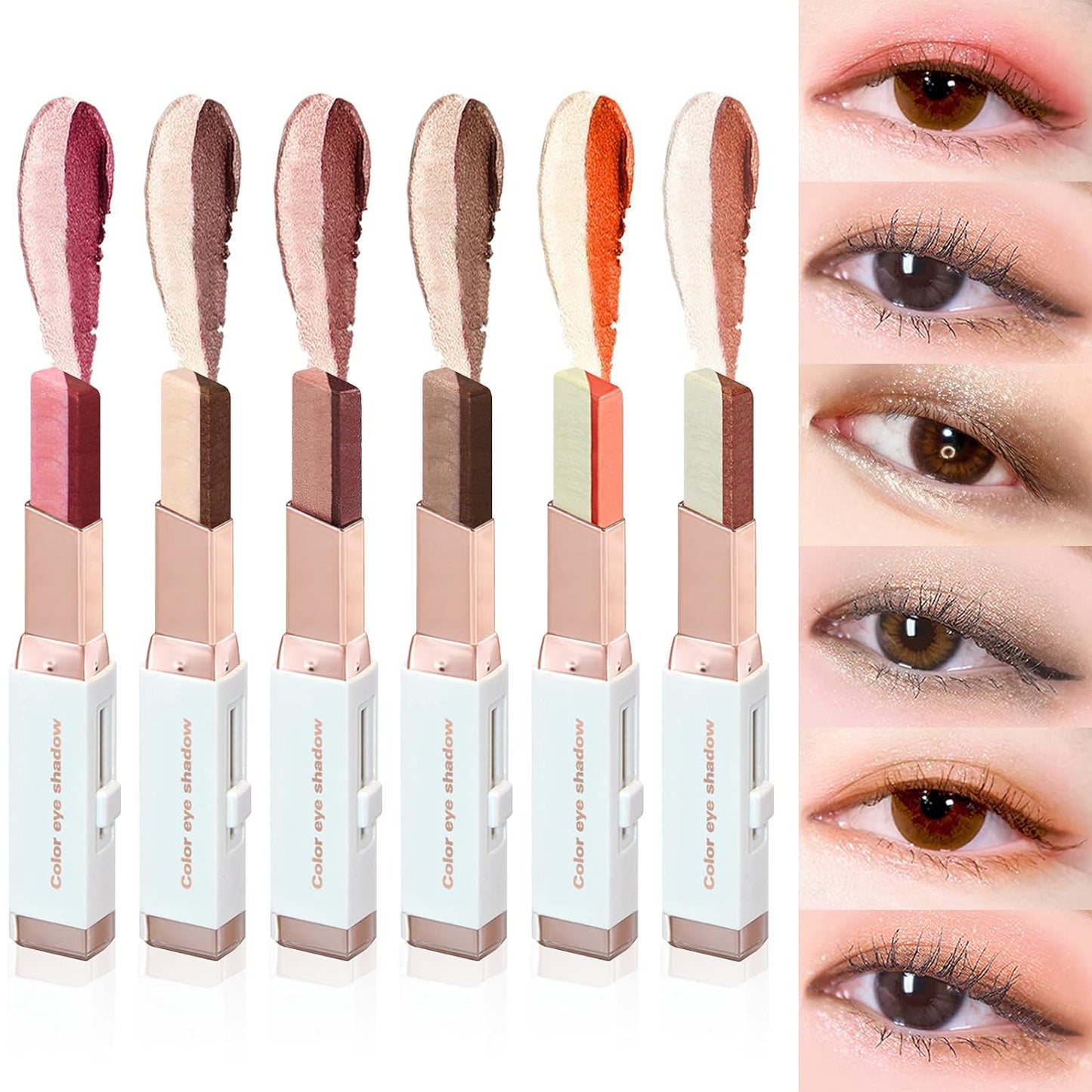 12 Colors Glitter Eye-Shadow Stick Set, Two-Tone Shimmer Gradient Eyeshadow Stick Double Colors Eyeshadow Stick Waterproof Glitter Eye Stick Eyeshadow Pen for Women Eye Makeup (6 Pcs)